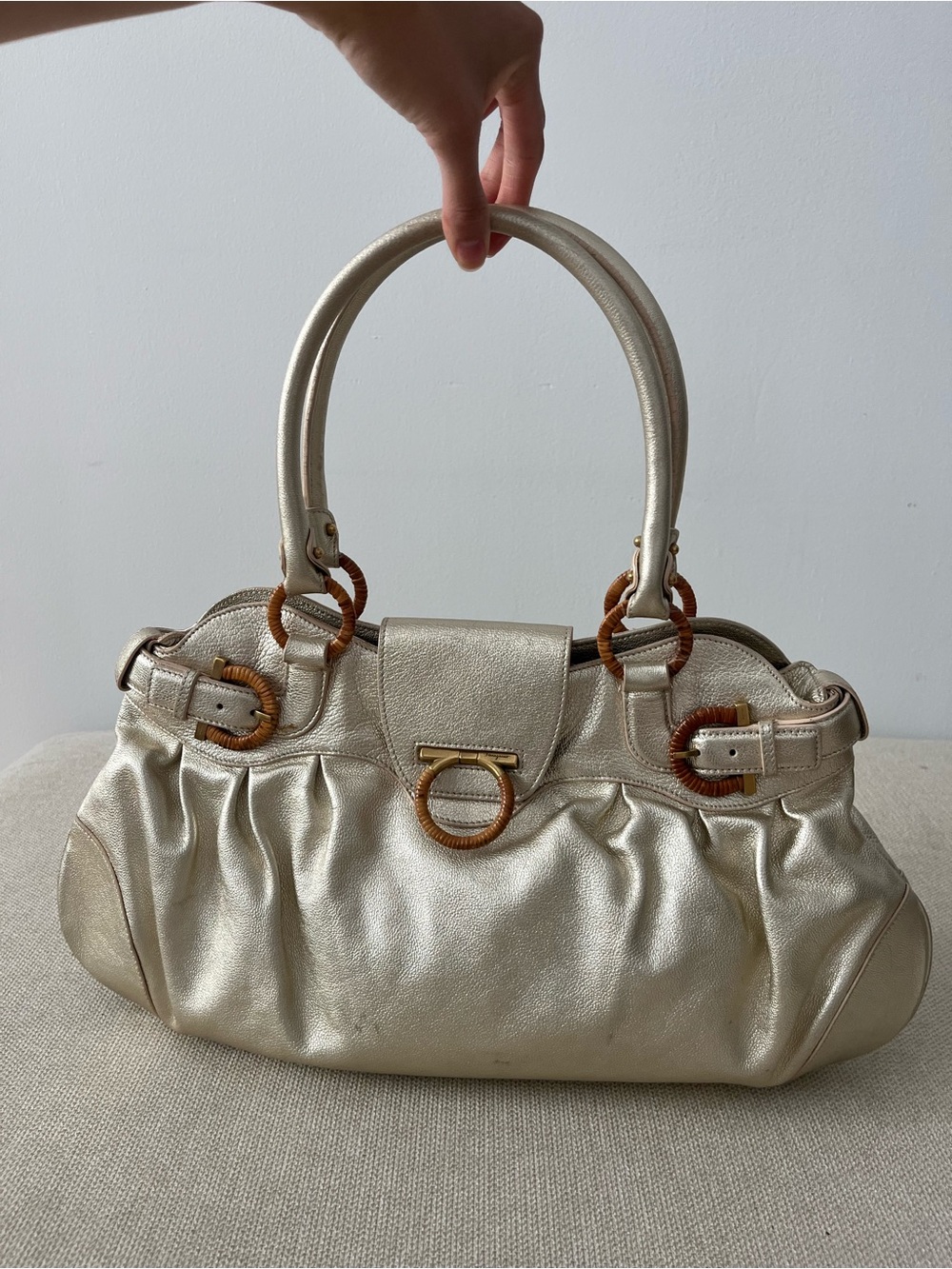Authentic Salvatore Ferragamo Shoulder Bag with Gold Accents